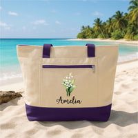 Custom Birth Month Flower Tote Bag with Zipper, Personalized Floral Canvas Bag, Botanical Birthday Gift for Women, Travel Beach Tote