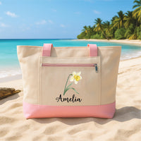 Custom Birth Month Flower Tote Bag with Zipper, Personalized Floral Canvas Bag, Botanical Birthday Gift for Women, Travel Beach Tote