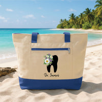 Personalized Dentist Tote Bag with Zipper, Custom Name Tooth Floral Canvas Bag, Dentist Graduation Gift for Women, Dental Hygienist Gift