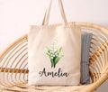 Personalized Birth Flower Tote Bag, Custom Name Floral Tote Bag, Birthday Month Flower, Birth Flower Gift for Her, Aesthetic Floral Tote