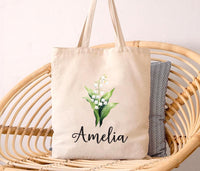 Personalized Birth Flower Tote Bag, Custom Name Floral Tote Bag, Birthday Month Flower, Birth Flower Gift for Her, Aesthetic Floral Tote