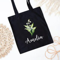 Personalized Birth Flower Tote Bag, Custom Name Floral Tote Bag, Birthday Month Flower, Birth Flower Gift for Her, Aesthetic Floral Tote