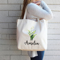 Personalized Birth Flower Tote Bag, Custom Name Floral Tote Bag, Birthday Month Flower, Birth Flower Gift for Her, Aesthetic Floral Tote