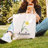 Personalized Birth Flower Tote Bag, Custom Name Floral Tote Bag, Birthday Month Flower, Birth Flower Gift for Her, Aesthetic Floral Tote