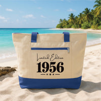 Personalized Birthday Tote Bag with Zipper, Custom Year Limited Edition Canvas Bag, Milestone Birthday Gift for Women Travel Beach Tote
