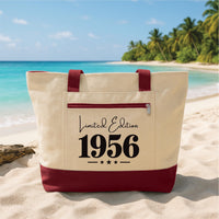 Personalized Birthday Tote Bag with Zipper, Custom Year Limited Edition Canvas Bag, Milestone Birthday Gift for Women Travel Beach Tote