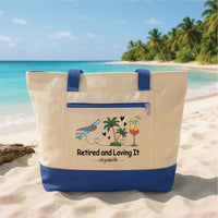 Retired and Loving It Tote Bag with Zipper, Personalized Retirement Gift, Custom Name Travel Tote, Beach Vacation Gift for Women