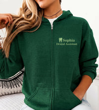 Personalized Dental Assistant Embroidered Zip Up Hoodie, Custom Name Tooth Logo Hoodie, Dental Office Workwear Gift for Women Staff