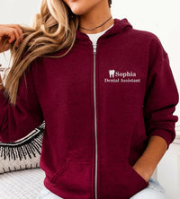 Personalized Dental Assistant Embroidered Zip Up Hoodie, Custom Name Tooth Logo Hoodie, Dental Office Workwear Gift for Women Staff