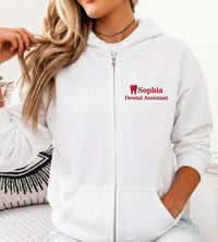 Personalized Dental Assistant Embroidered Zip Up Hoodie, Custom Name Tooth Logo Hoodie, Dental Office Workwear Gift for Women Staff