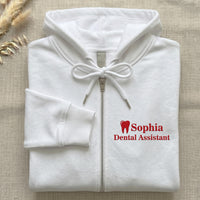 Personalized Dental Assistant Embroidered Zip Up Hoodie, Custom Name Tooth Logo Hoodie, Dental Office Workwear Gift for Women Staff
