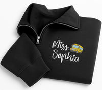 Personalized Teacher Embroidered Quarter Zip Sweatshirt, Custom Name School Bus Pullover, Back to School Teacher Gift Apparel