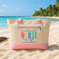 School Nurse Tote Bag with Zipper, Personalized Floral Nurse Bag, Nurse Appreciation Gift, Back to School, Medical Worker Beach Travel Tote