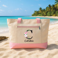 Floral Initial Tote Bag with Zipper, Personalized Name Monogram Bag, Custom Letter Gift for Women, Bridesmaid Gift, Beach Travel Work Bag