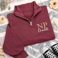 Personalized NP Nurse Embroidered Quarter Zip Sweatshirt, Custom Nurse Practitioner Pullover, Medical Gift for NP Healthcare Apparel
