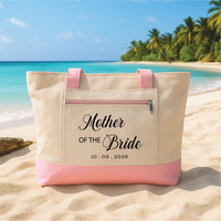 Mother of the Bride Tote Bag with Zipper, Personalized Wedding Canvas Bag, Custom Date Bridal Gift, Mother Wedding Day Beach Tote