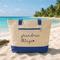 Grandma Things Tote Bag with Zipper, Personalized Grandma Gift Canvas Bag, Custom Nana Gigi Gift, New Grandma Gift Beach Travel Tote