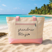 Grandma Things Tote Bag with Zipper, Personalized Grandma Gift Canvas Bag, Custom Nana Gigi Gift, New Grandma Gift Beach Travel Tote