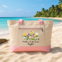 Mother of the Bride Tote Bag with Zipper, Personalized Floral Wedding Canvas Bag, Custom Mother of Groom Gift, Bridal Party Tote Bag