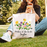Mother of the Bride Tote Bag, Personalized Wedding Tote Bag, Custom Name Bridal Party Gift, Floral Wedding Gift for Mom, Wedding Day Tote