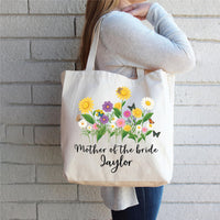 Mother of the Bride Tote Bag, Personalized Wedding Tote Bag, Custom Name Bridal Party Gift, Floral Wedding Gift for Mom, Wedding Day Tote