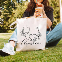 Personalized Nurse Tote Bag, Custom Name Nurse Bag, Stethoscope Floral Tote Bag, Nurse Gift Idea, Healthcare Worker Gift, Medical Tote Bag