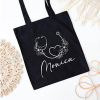 Personalized Nurse Tote Bag, Custom Name Nurse Bag, Stethoscope Floral Tote Bag, Nurse Gift Idea, Healthcare Worker Gift, Medical Tote Bag
