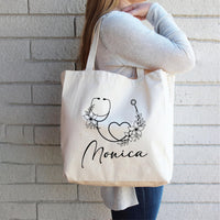 Personalized Nurse Tote Bag, Custom Name Nurse Bag, Stethoscope Floral Tote Bag, Nurse Gift Idea, Healthcare Worker Gift, Medical Tote Bag