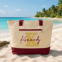 Bridesmaid Tote Bag with Zipper, Personalized Monogram Name Bag, Custom Bridal Party Gift, Wedding Day, Bachelorette Beach Travel Tote