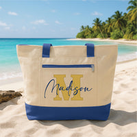 Bridesmaid Tote Bag with Zipper, Personalized Monogram Name Bag, Custom Bridal Party Gift, Wedding Day, Bachelorette Beach Travel Tote
