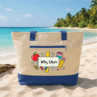 Teacher Tote Bag with Zipper, Personalized Name Teacher Bag, Custom Classroom Gift, Back to School Teacher Appreciation Work Travel Tote