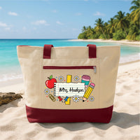 Teacher Tote Bag with Zipper, Personalized Name Teacher Bag, Custom Classroom Gift, Back to School Teacher Appreciation Work Travel Tote