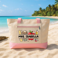 Teacher Tote Bag with Zipper, Personalized Name Teacher Bag, Custom Classroom Gift for Her, Back to School Teacher Appreciation Work Tote