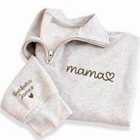 Mama Embroidered Quarter Zip Sweatshirt, Personalized Mama Pullover with Kids Names Sleeve, Custom Mom Gift, Mother's Day Apparel