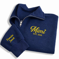 Mimi Est 2026 Embroidered Quarter Zip Sweatshirt, Personalized Grandma Pullover, New Grandma Gift, Custom Name Sleeve Family Gift