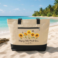 Teacher Sunflower Tote Bag with Zipper, Personalized Name Teacher Gift, Helping Little Minds Grow Bag, Back to School Work Travel Tote