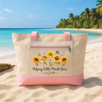 Teacher Sunflower Tote Bag with Zipper, Personalized Name Teacher Gift, Helping Little Minds Grow Bag, Back to School Work Travel Tote