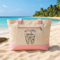 Personalized Dentist Tote Bag with Zipper, Floral Tooth Custom Name Canvas Bag, Dental Hygienist Gift, Dental Assistant Graduation Tote