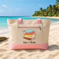Personalized Book Lover Tote Bag with Zipper, Custom Name Library Canvas Bag, Teacher Reading Tote Gift, Bookworm Cute Books Tote