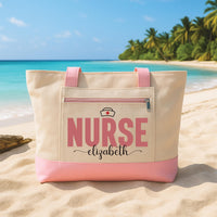 Personalized Nurse Tote Bag with Zipper, Custom Name Nurse Hat Bag, RN Gift for Her, Healthcare Worker Appreciation Gift Idea