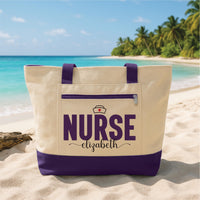 Personalized Nurse Tote Bag with Zipper, Custom Name Nurse Hat Bag, RN Gift for Her, Healthcare Worker Appreciation Gift Idea