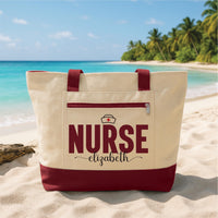 Personalized Nurse Tote Bag with Zipper, Custom Name Nurse Hat Bag, RN Gift for Her, Healthcare Worker Appreciation Gift Idea