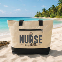 Personalized Nurse Tote Bag with Zipper, Custom Name Nurse Hat Bag, RN Gift for Her, Healthcare Worker Appreciation Gift Idea