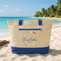 Personalized Floral Name Tote Bag with Zipper, Custom Name Gift for Her, Bridesmaid Gift, Birthday Gift, Travel Beach Bag, Aesthetic Tote