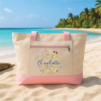 Personalized Floral Name Tote Bag with Zipper, Custom Name Gift for Her, Bridesmaid Gift, Birthday Gift, Travel Beach Bag, Aesthetic Tote