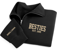 Besties Est Year Embroidered Quarter Zip Sweatshirt, Matching Best Friend Pullover, Custom Sleeve Name Gift, College Style Bestie Sweater