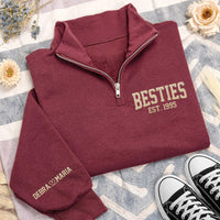Besties Est Year Embroidered Quarter Zip Sweatshirt, Matching Best Friend Pullover, Custom Sleeve Name Gift, College Style Bestie Sweater