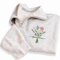 Floral Grandma Embroidered Quarter Zip Sweatshirt, Personalized Grandma Pullover, Cozy Gift for Grandmother, Custom Name Gift