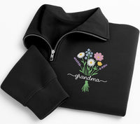 Floral Grandma Embroidered Quarter Zip Sweatshirt, Personalized Grandma Pullover, Cozy Gift for Grandmother, Custom Name Gift