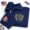 Custom USA Flag Embroidered Quarter Zip Sweatshirt, Personalized Logo Pullover, Patriotic Team Gift, Independence Day Custom Name Sweater